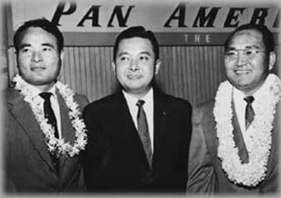 Left to right: Interviewee Tadao Beppu, Daniel Inouye, and interviewee Mike Tokunaga on a trip to the Democratic Western Region Conference, San Francisco, 1957. (Photo courtesy Betty Tokunaga.)