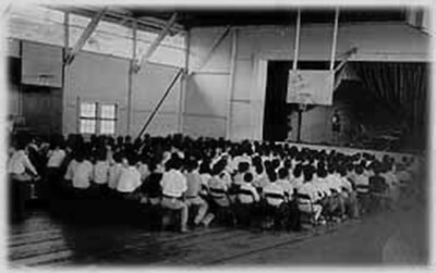 Cecil Dotts’ English class performs an adaptation of A Mid-Summer’s Night Dream, Konawaena School gym, 1932. (Photo courtesy Cecil Dotts.)