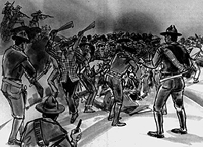Re-creation of the battle between police and strikers on September 9, 1924 in Hanapepe. (Drawing by Ray Higuchi, Honolulu Star-Bulletin.)