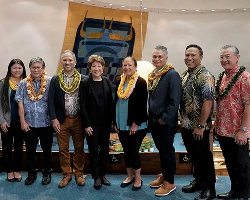 From left, Odo family members Sarah (niece), Alan (brother) and David (son); State Sen. Carol Fukunaga; Ethnic Studies faculty Davianna McGregor, Rod Labrador and Ty Tengan; and attorney William Kaneko, Odo's former student.